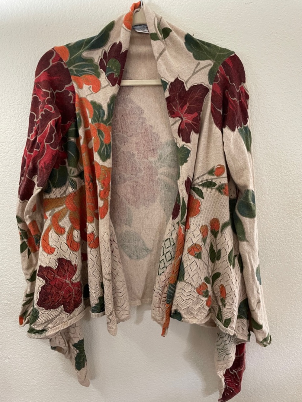 Tabitha Anthropologie Beige Floral Orange Cardigan cotton wool blend M